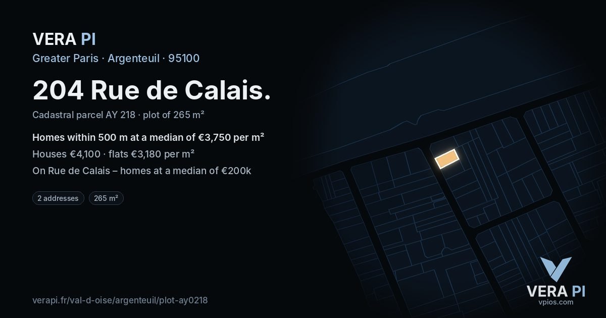 204 Rue de Calais, Argenteuil at night – the plot lit, the parcels around coloured by the prices near them