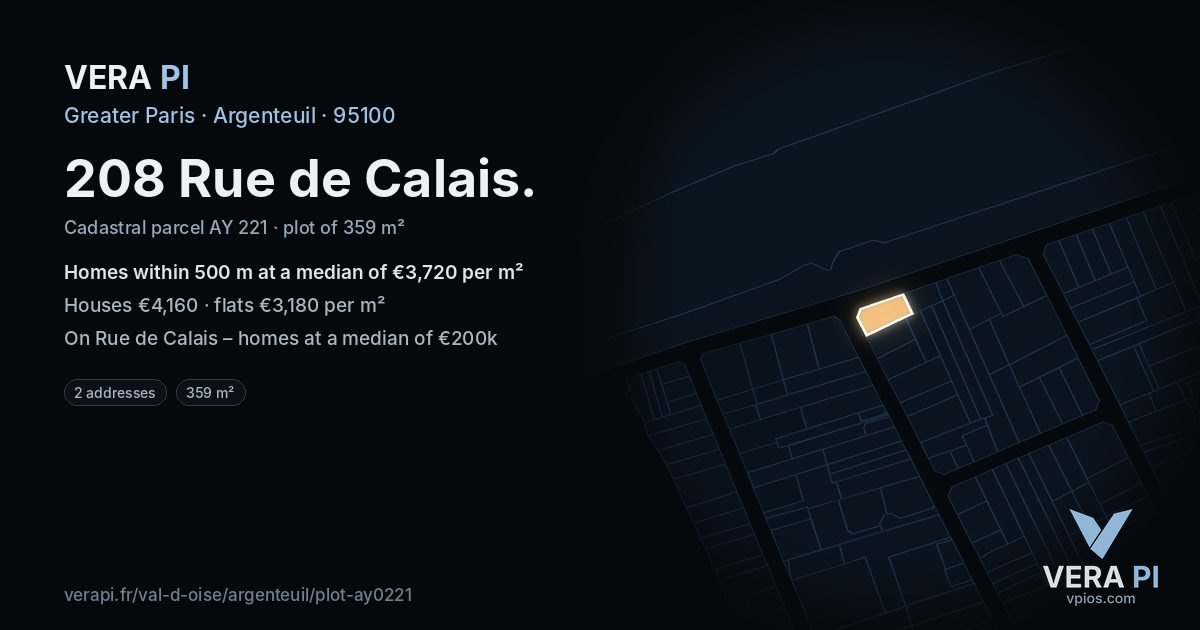 208 Rue de Calais, Argenteuil at night – the plot lit, the parcels around coloured by the prices near them