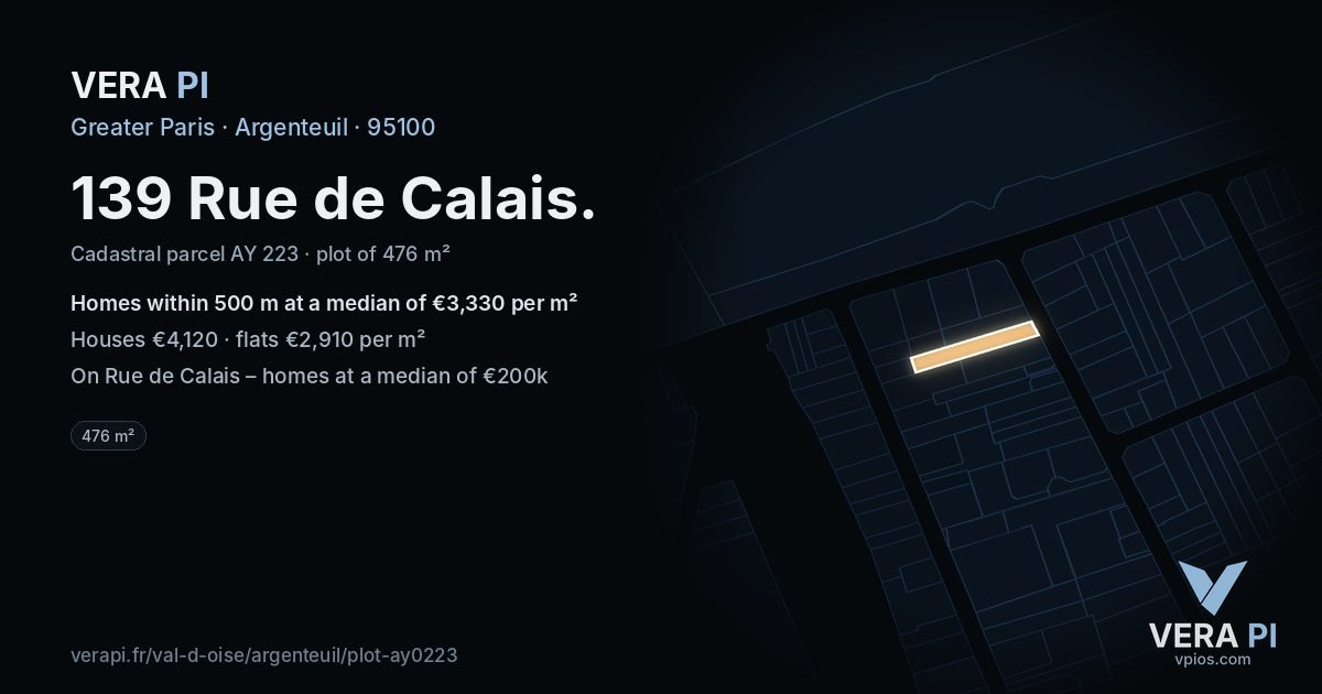 139 Rue de Calais, Argenteuil at night – the plot lit, the parcels around coloured by the prices near them