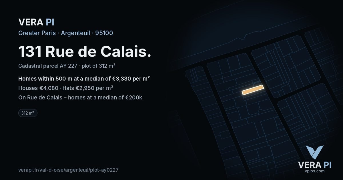 131 Rue de Calais, Argenteuil at night – the plot lit, the parcels around coloured by the prices near them