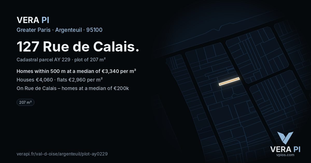 127 Rue de Calais, Argenteuil at night – the plot lit, the parcels around coloured by the prices near them