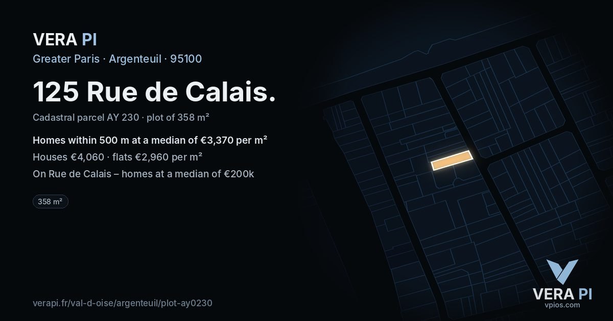125 Rue de Calais, Argenteuil at night – the plot lit, the parcels around coloured by the prices near them