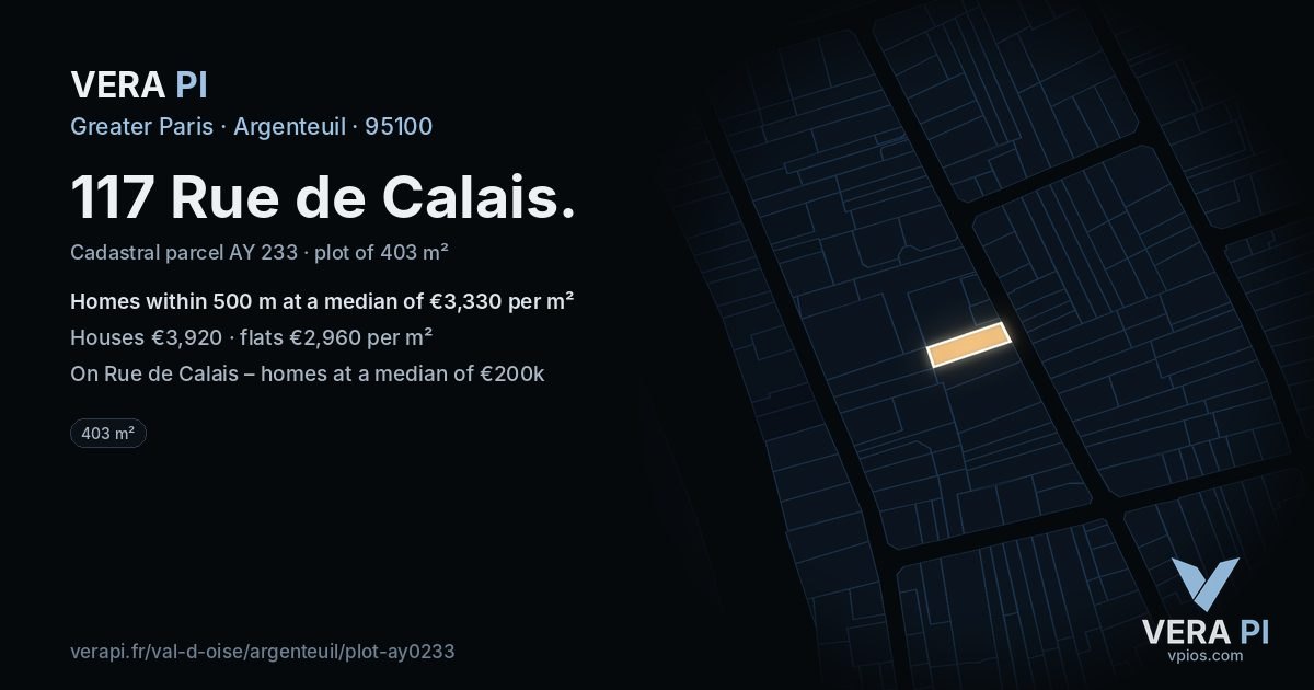 117 Rue de Calais, Argenteuil at night – the plot lit, the parcels around coloured by the prices near them