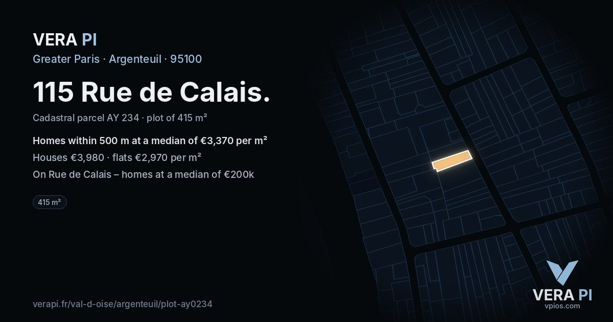 115 Rue de Calais, Argenteuil at night – the plot lit, the parcels around coloured by the prices near them