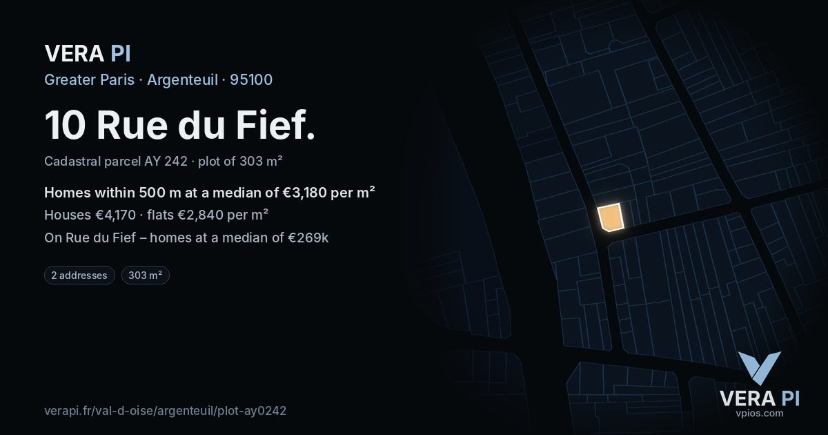 10 Rue du Fief, Argenteuil at night – the plot lit, the parcels around coloured by the prices near them