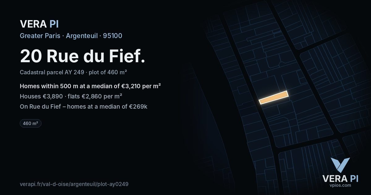 20 Rue du Fief, Argenteuil at night – the plot lit, the parcels around coloured by the prices near them