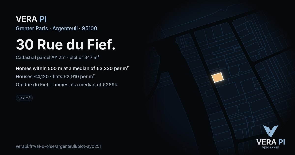 30 Rue du Fief, Argenteuil at night – the plot lit, the parcels around coloured by the prices near them