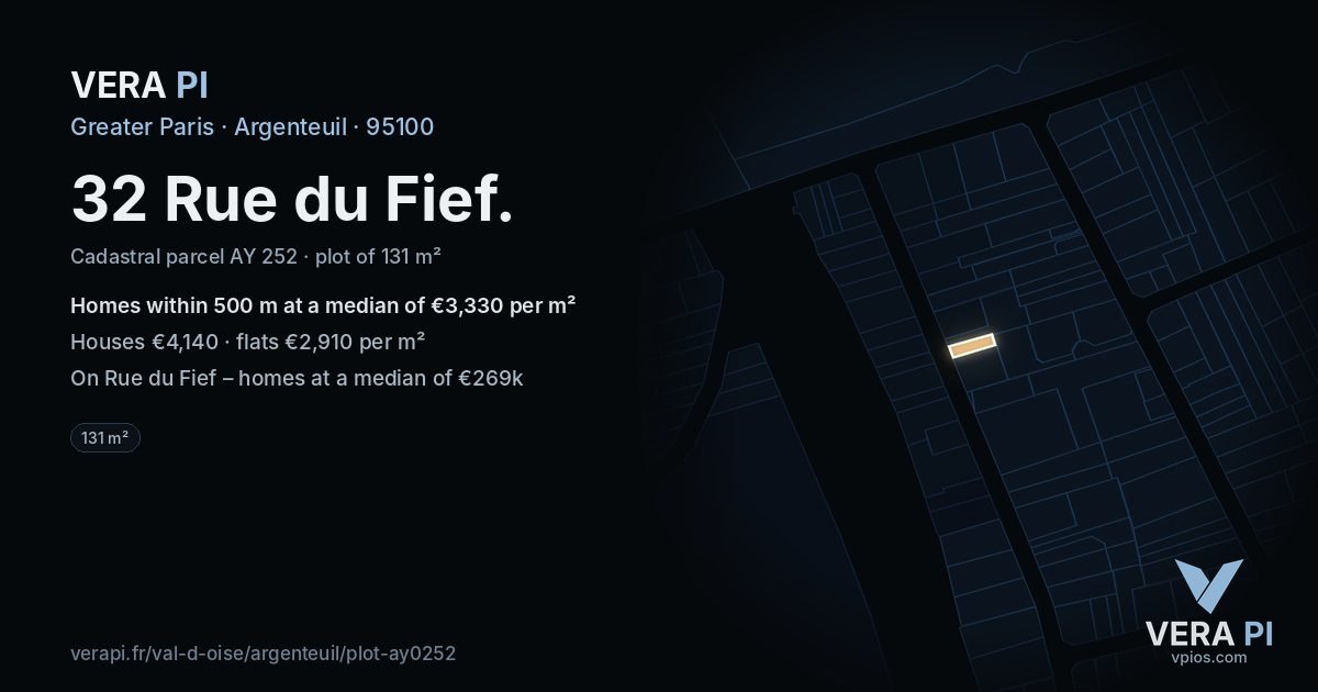 32 Rue du Fief, Argenteuil at night – the plot lit, the parcels around coloured by the prices near them