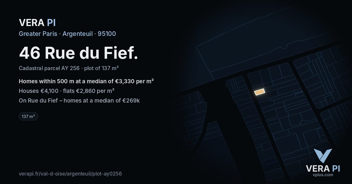 46 Rue du Fief, Argenteuil at night – the plot lit, the parcels around coloured by the prices near them