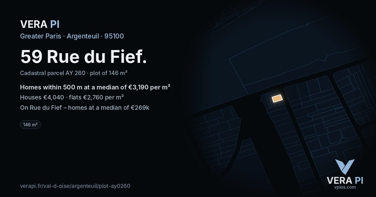 59 Rue du Fief, Argenteuil at night – the plot lit, the parcels around coloured by the prices near them