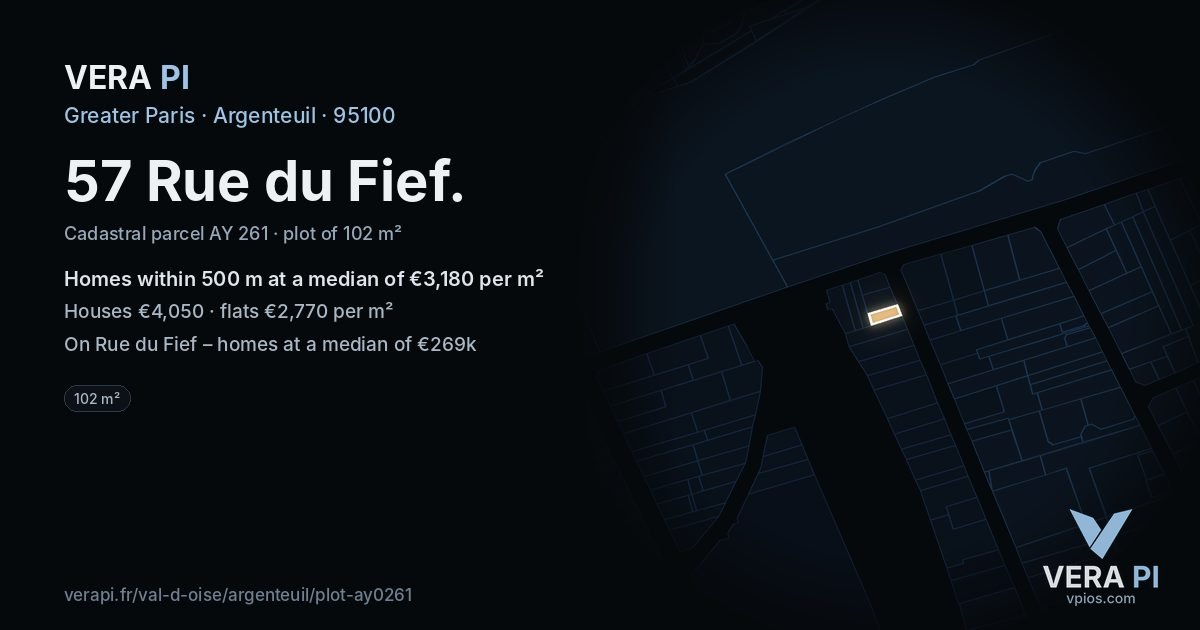 57 Rue du Fief, Argenteuil at night – the plot lit, the parcels around coloured by the prices near them
