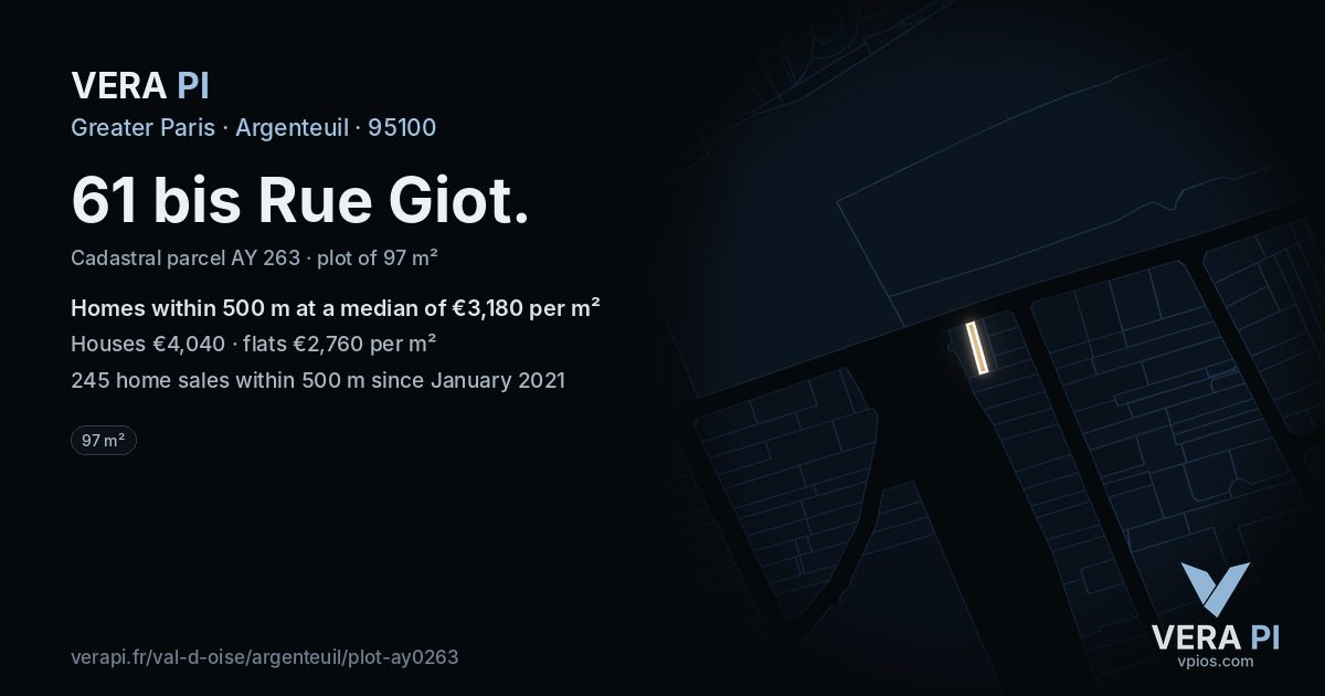 61 bis Rue Giot, Argenteuil at night – the plot lit, the parcels around coloured by the prices near them