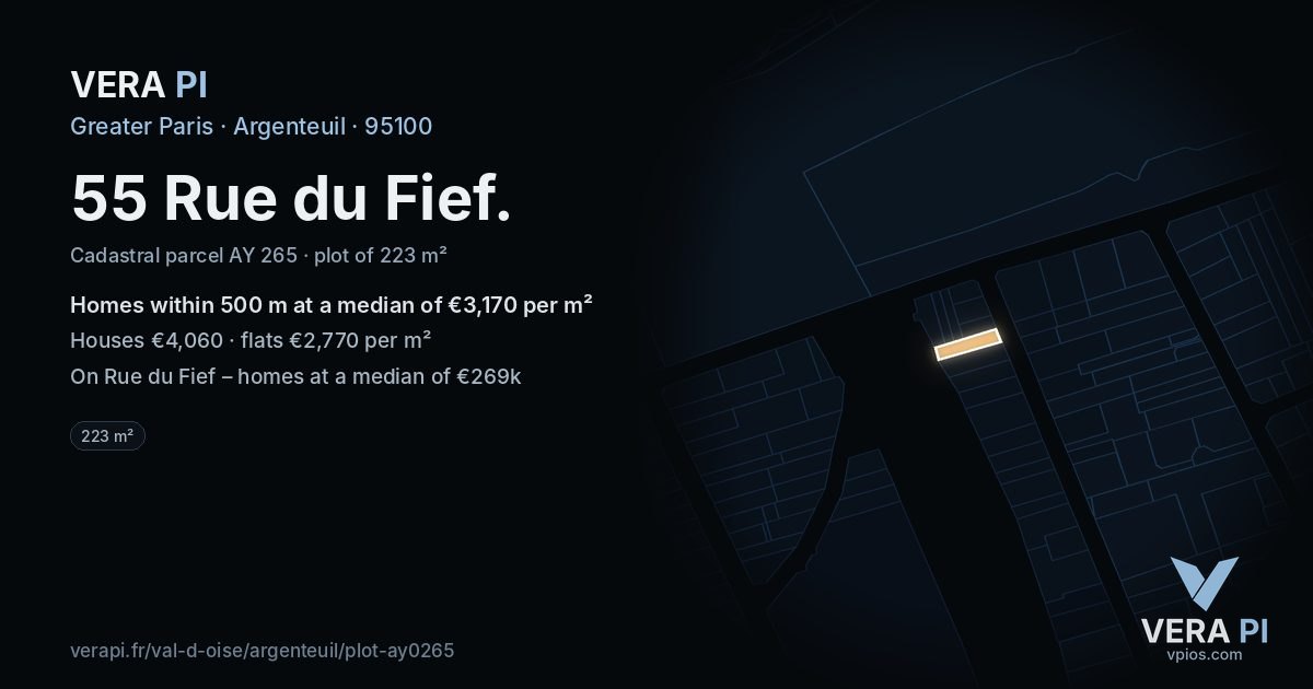 55 Rue du Fief, Argenteuil at night – the plot lit, the parcels around coloured by the prices near them