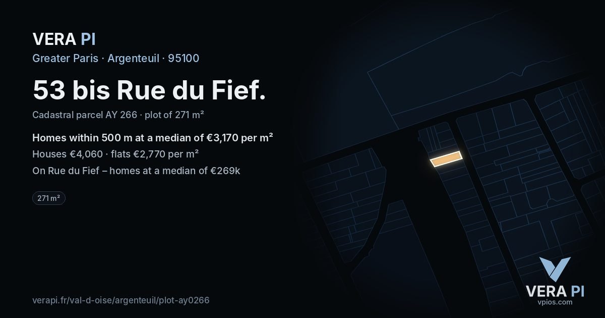 53 bis Rue du Fief, Argenteuil at night – the plot lit, the parcels around coloured by the prices near them