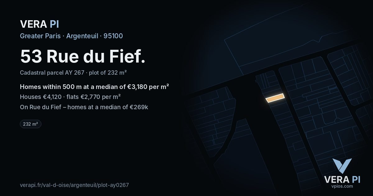 53 Rue du Fief, Argenteuil at night – the plot lit, the parcels around coloured by the prices near them