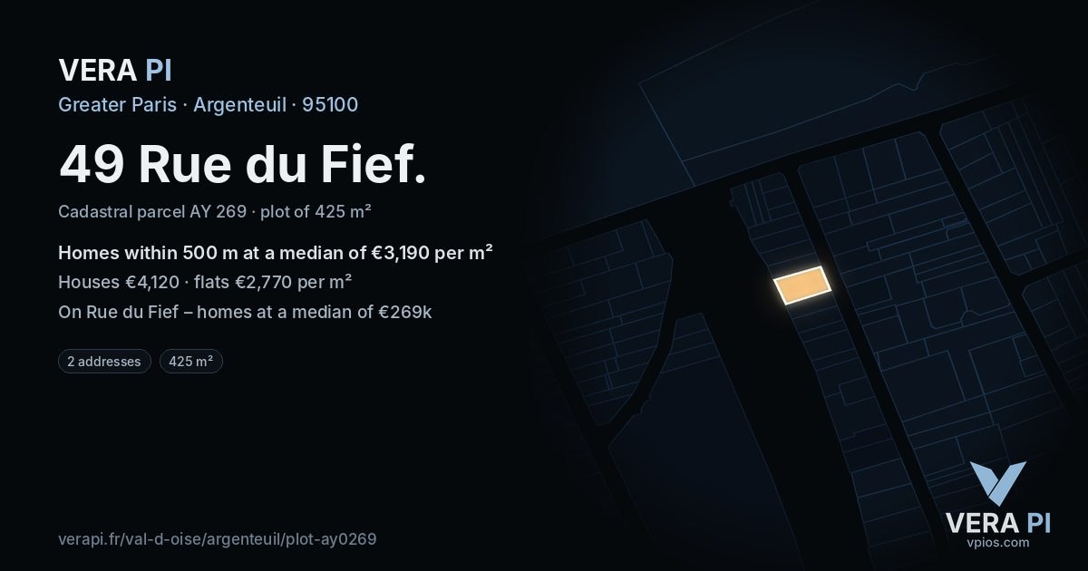 49 Rue du Fief, Argenteuil at night – the plot lit, the parcels around coloured by the prices near them