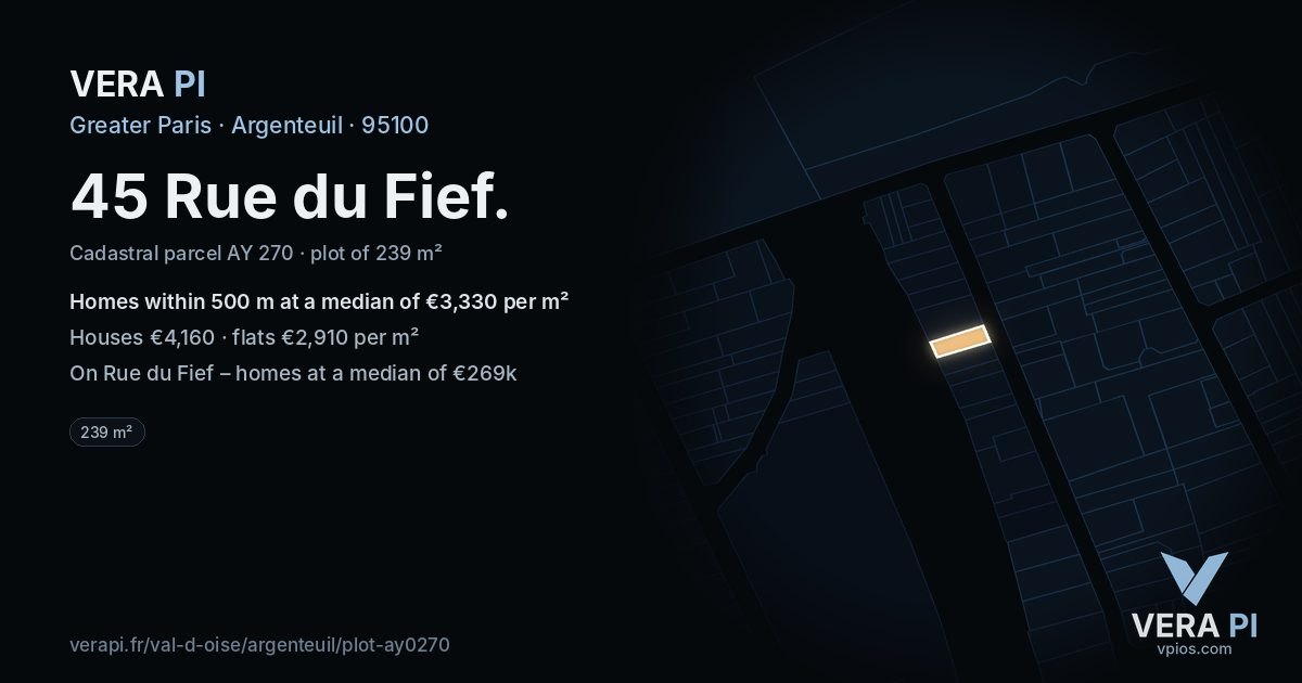 45 Rue du Fief, Argenteuil at night – the plot lit, the parcels around coloured by the prices near them