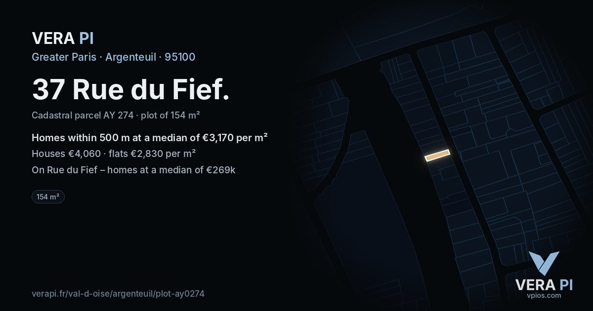 37 Rue du Fief, Argenteuil at night – the plot lit, the parcels around coloured by the prices near them