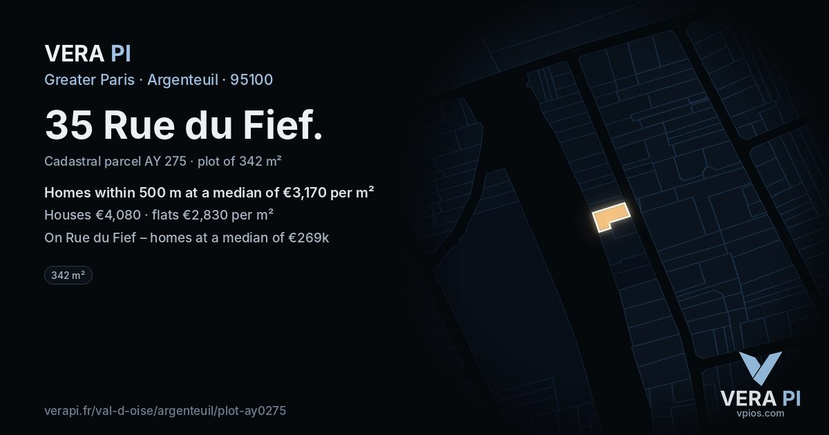 35 Rue du Fief, Argenteuil at night – the plot lit, the parcels around coloured by the prices near them