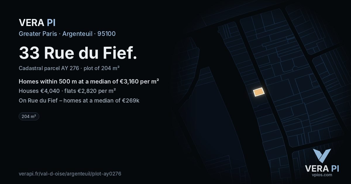 33 Rue du Fief, Argenteuil at night – the plot lit, the parcels around coloured by the prices near them