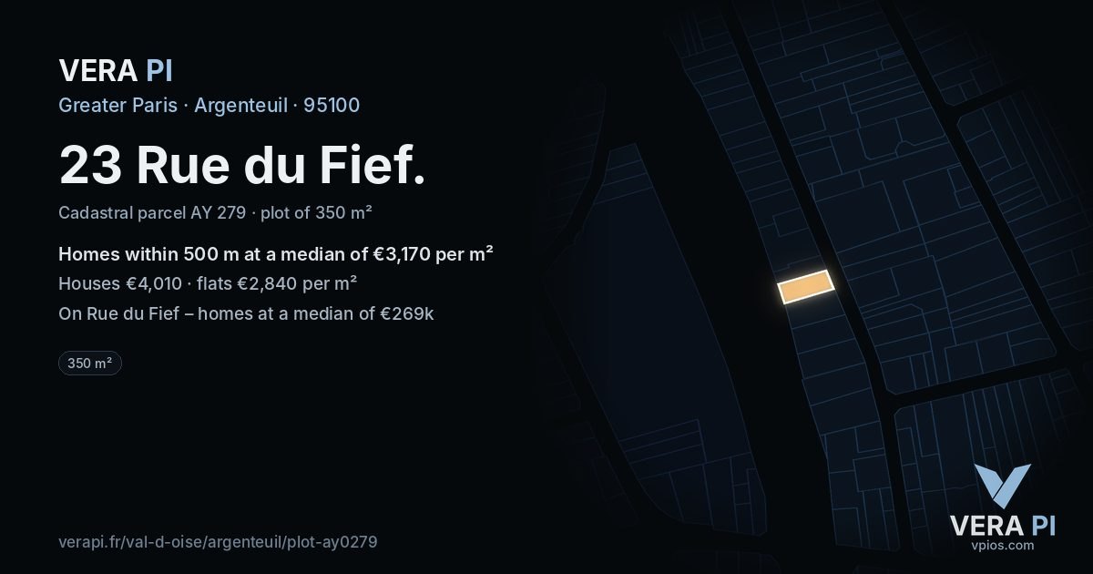 23 Rue du Fief, Argenteuil at night – the plot lit, the parcels around coloured by the prices near them