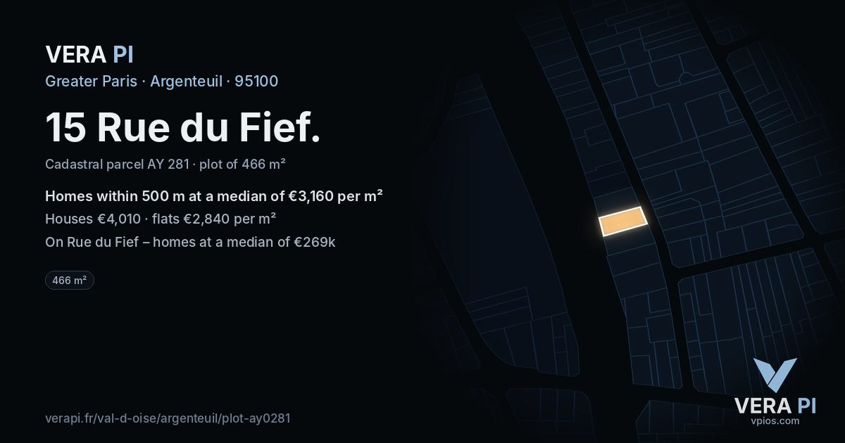 15 Rue du Fief, Argenteuil at night – the plot lit, the parcels around coloured by the prices near them