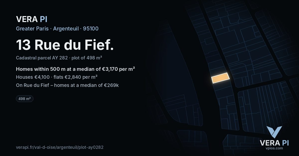 13 Rue du Fief, Argenteuil at night – the plot lit, the parcels around coloured by the prices near them
