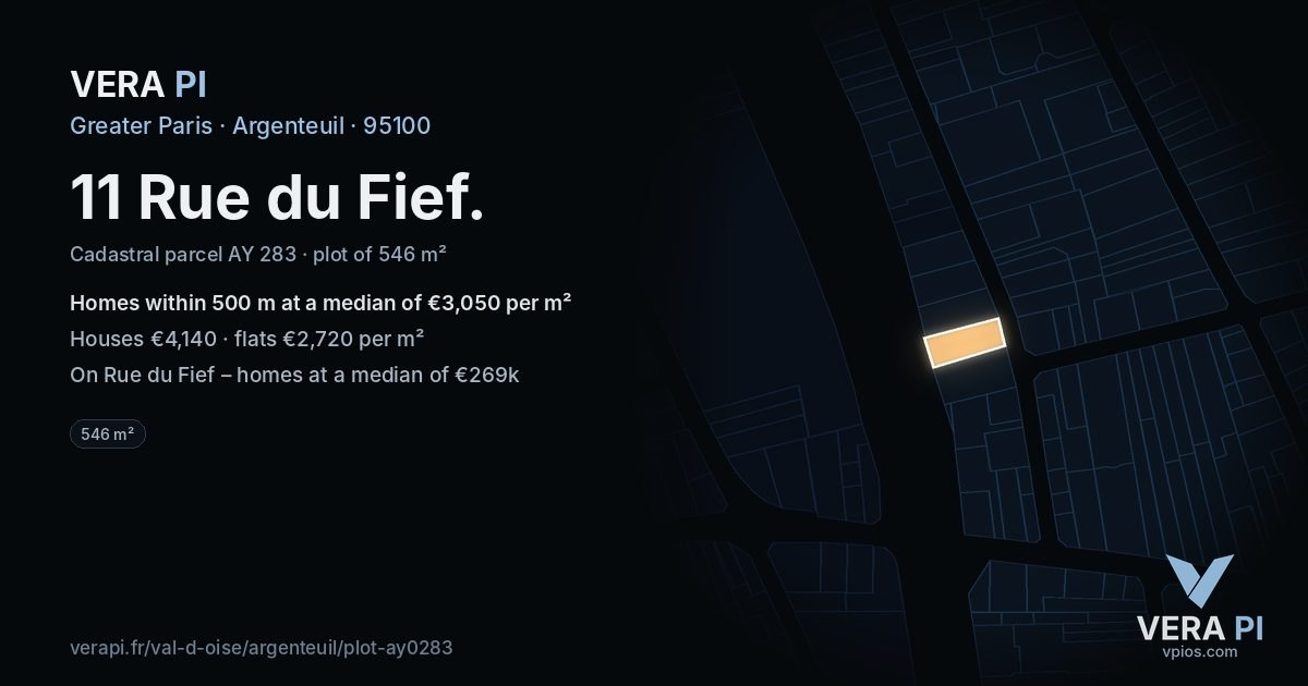 11 Rue du Fief, Argenteuil at night – the plot lit, the parcels around coloured by the prices near them