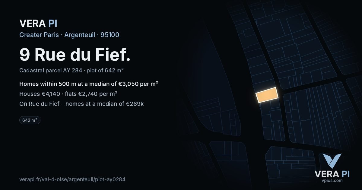 9 Rue du Fief, Argenteuil at night – the plot lit, the parcels around coloured by the prices near them