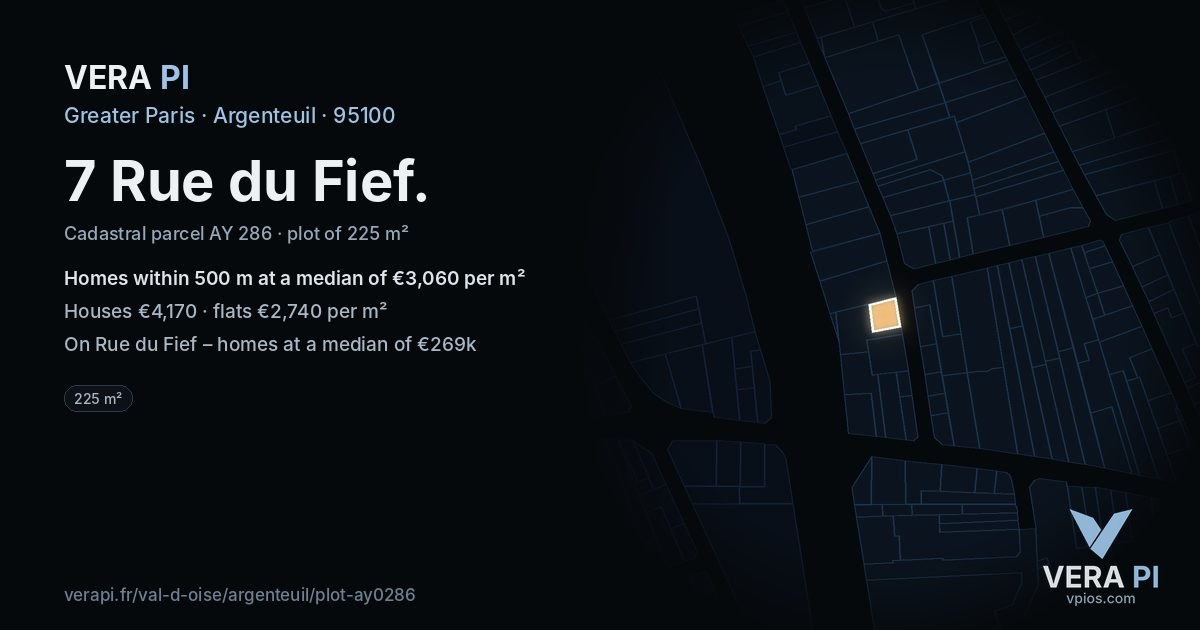 7 Rue du Fief, Argenteuil at night – the plot lit, the parcels around coloured by the prices near them
