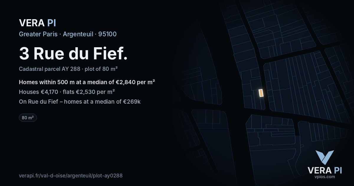 3 Rue du Fief, Argenteuil at night – the plot lit, the parcels around coloured by the prices near them