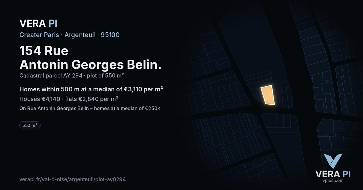 154 Rue Antonin Georges Belin, Argenteuil at night – the plot lit, the parcels around coloured by the prices near them