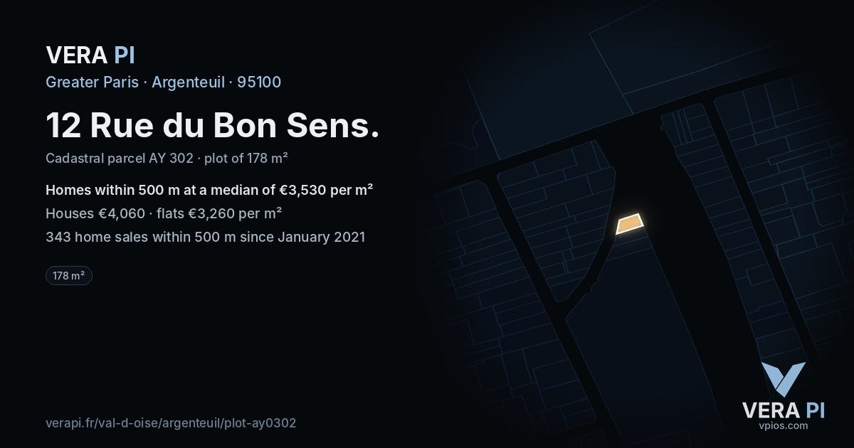 12 Rue du Bon Sens, Argenteuil at night – the plot lit, the parcels around coloured by the prices near them