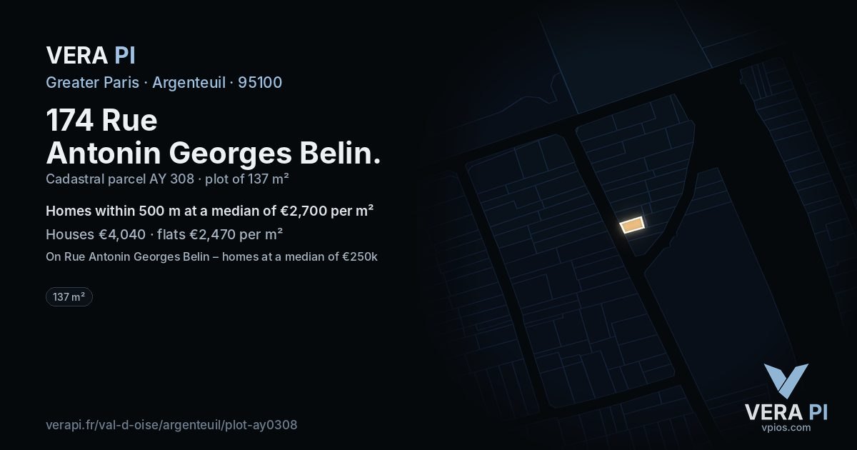 174 Rue Antonin Georges Belin, Argenteuil at night – the plot lit, the parcels around coloured by the prices near them