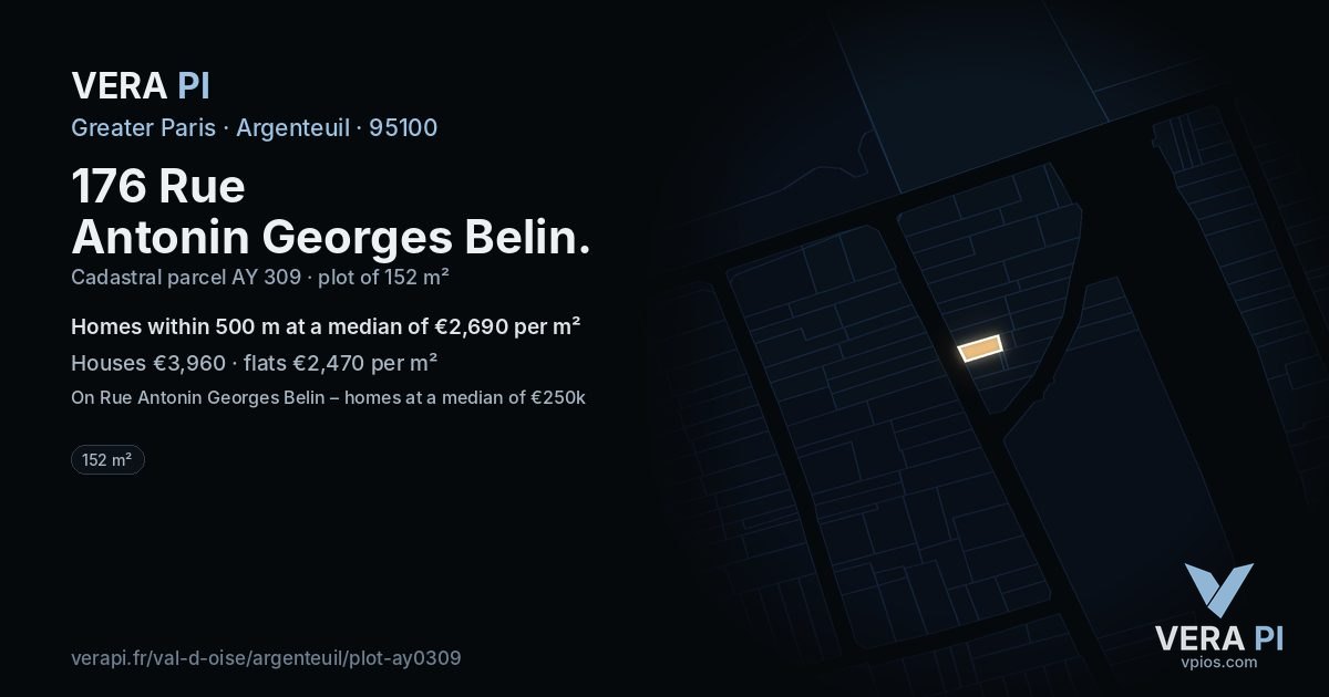 176 Rue Antonin Georges Belin, Argenteuil at night – the plot lit, the parcels around coloured by the prices near them