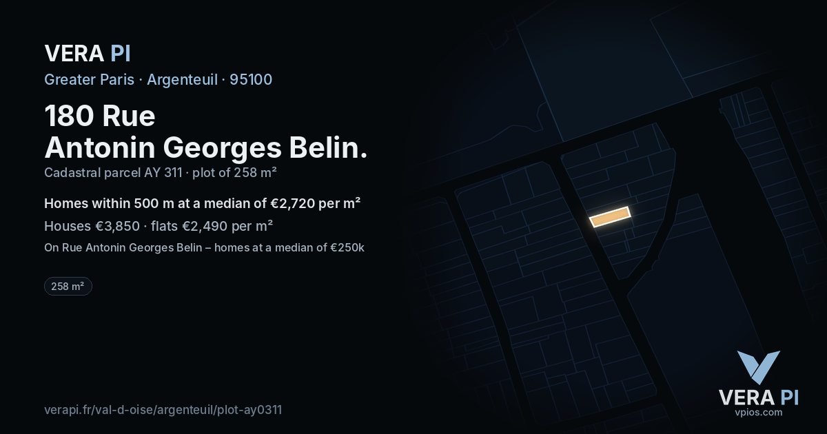 180 Rue Antonin Georges Belin, Argenteuil at night – the plot lit, the parcels around coloured by the prices near them