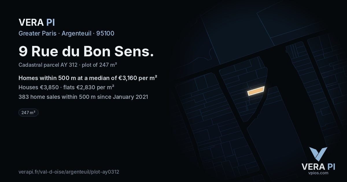9 Rue du Bon Sens, Argenteuil at night – the plot lit, the parcels around coloured by the prices near them