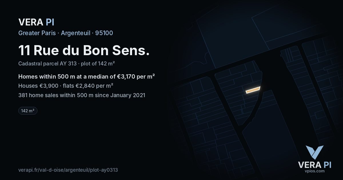 11 Rue du Bon Sens, Argenteuil at night – the plot lit, the parcels around coloured by the prices near them