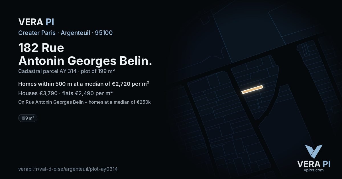 182 Rue Antonin Georges Belin, Argenteuil at night – the plot lit, the parcels around coloured by the prices near them