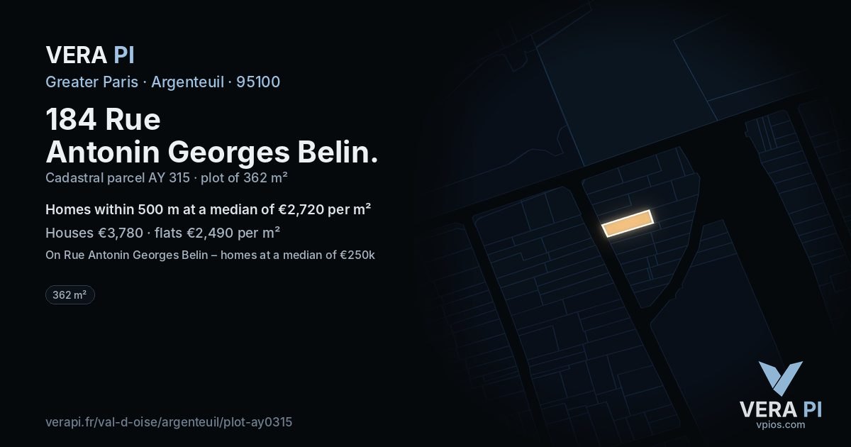184 Rue Antonin Georges Belin, Argenteuil at night – the plot lit, the parcels around coloured by the prices near them
