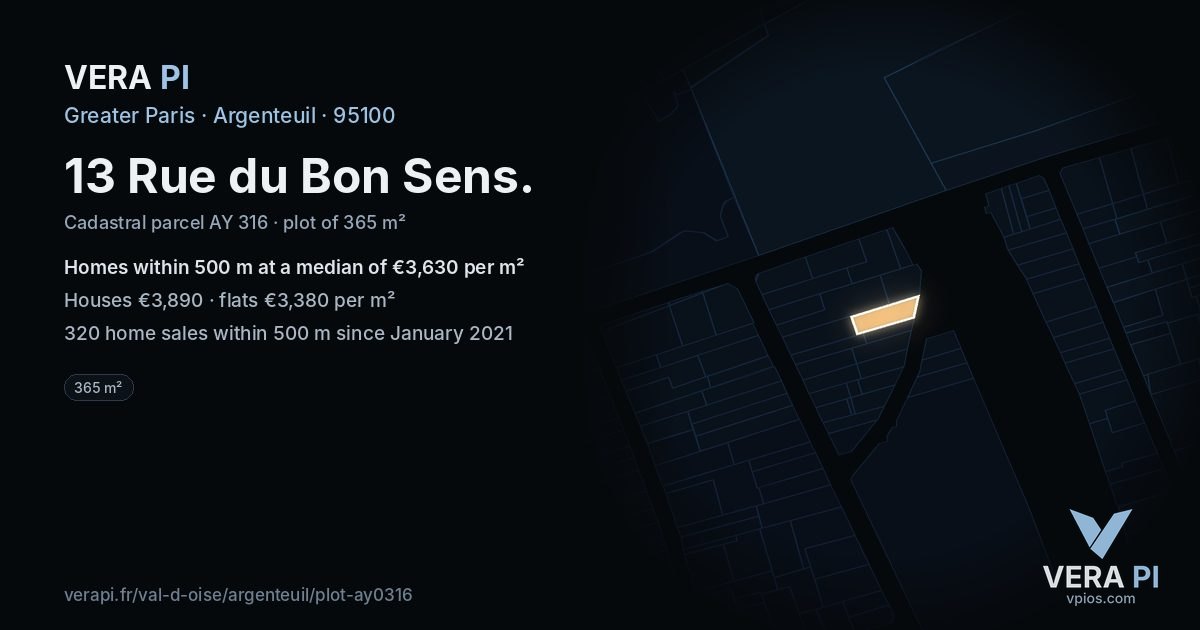 13 Rue du Bon Sens, Argenteuil at night – the plot lit, the parcels around coloured by the prices near them