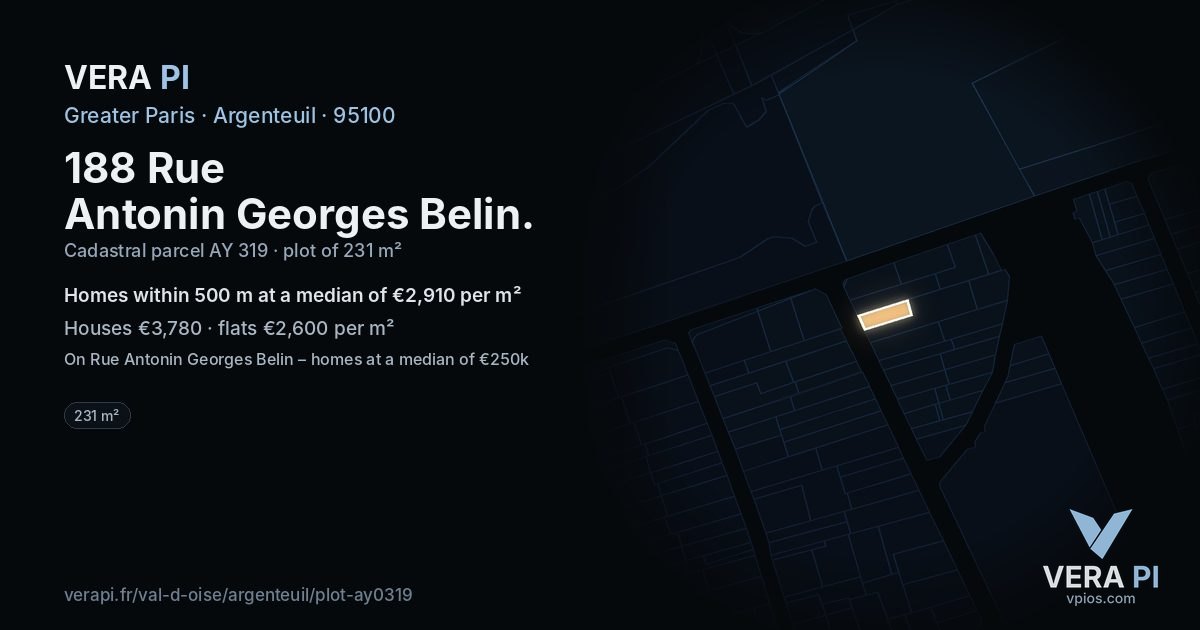 188 Rue Antonin Georges Belin, Argenteuil at night – the plot lit, the parcels around coloured by the prices near them