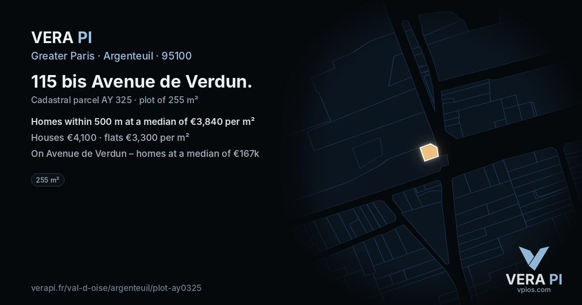 115 bis Avenue de Verdun, Argenteuil at night – the plot lit, the parcels around coloured by the prices near them