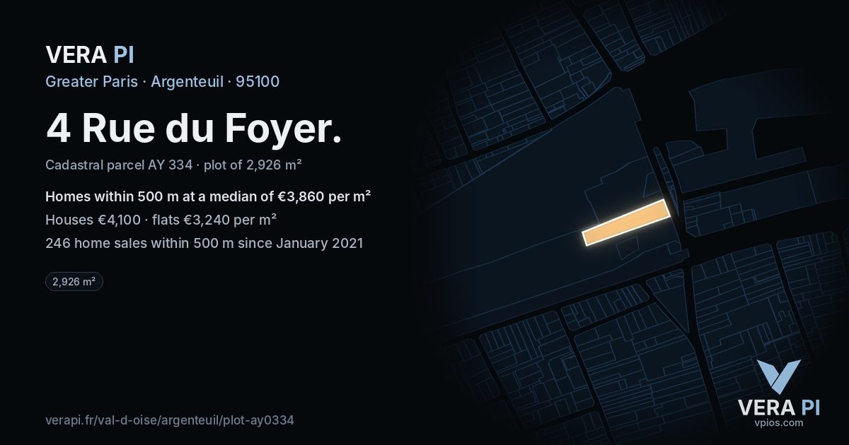 4 Rue du Foyer, Argenteuil at night – the plot lit, the parcels around coloured by the prices near them