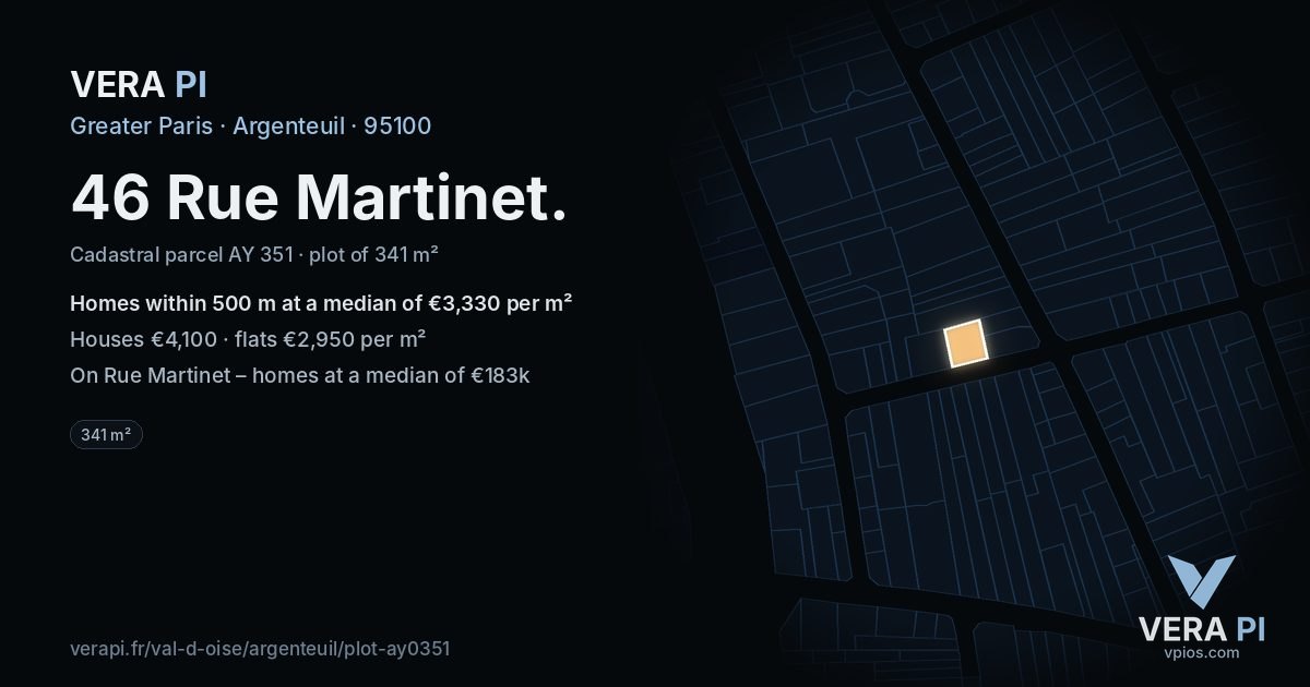 46 Rue Martinet, Argenteuil at night – the plot lit, the parcels around coloured by the prices near them