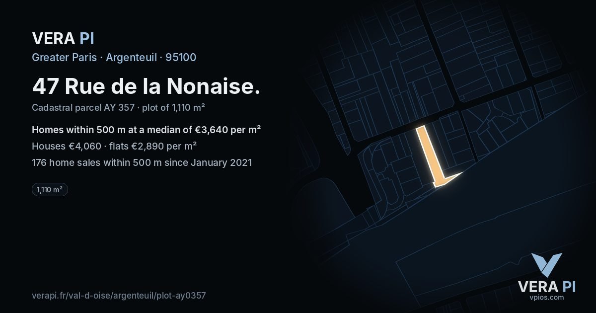 47 Rue de la Nonaise, Argenteuil at night – the plot lit, the parcels around coloured by the prices near them