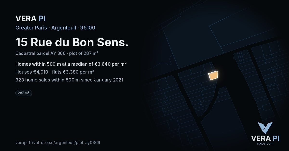 15 Rue du Bon Sens, Argenteuil at night – the plot lit, the parcels around coloured by the prices near them