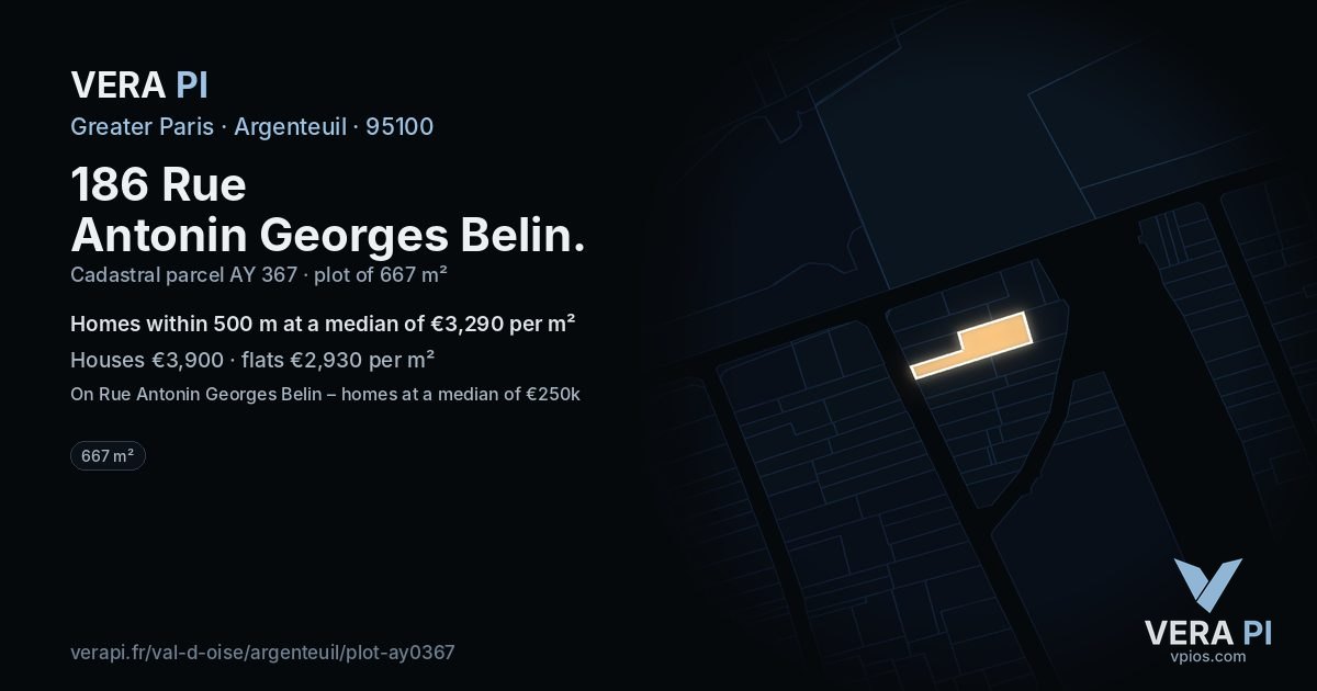 186 Rue Antonin Georges Belin, Argenteuil at night – the plot lit, the parcels around coloured by the prices near them