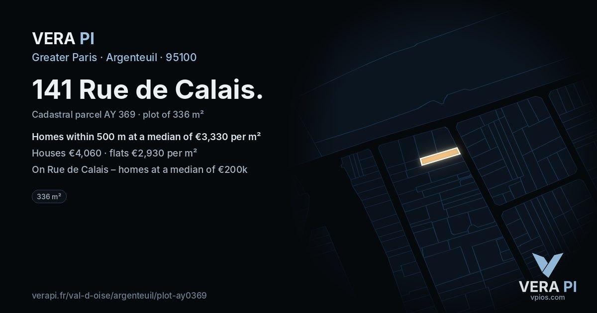 141 Rue de Calais, Argenteuil at night – the plot lit, the parcels around coloured by the prices near them