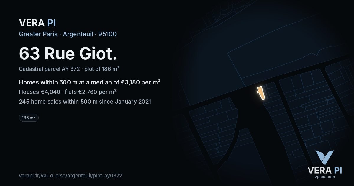 63 Rue Giot, Argenteuil at night – the plot lit, the parcels around coloured by the prices near them